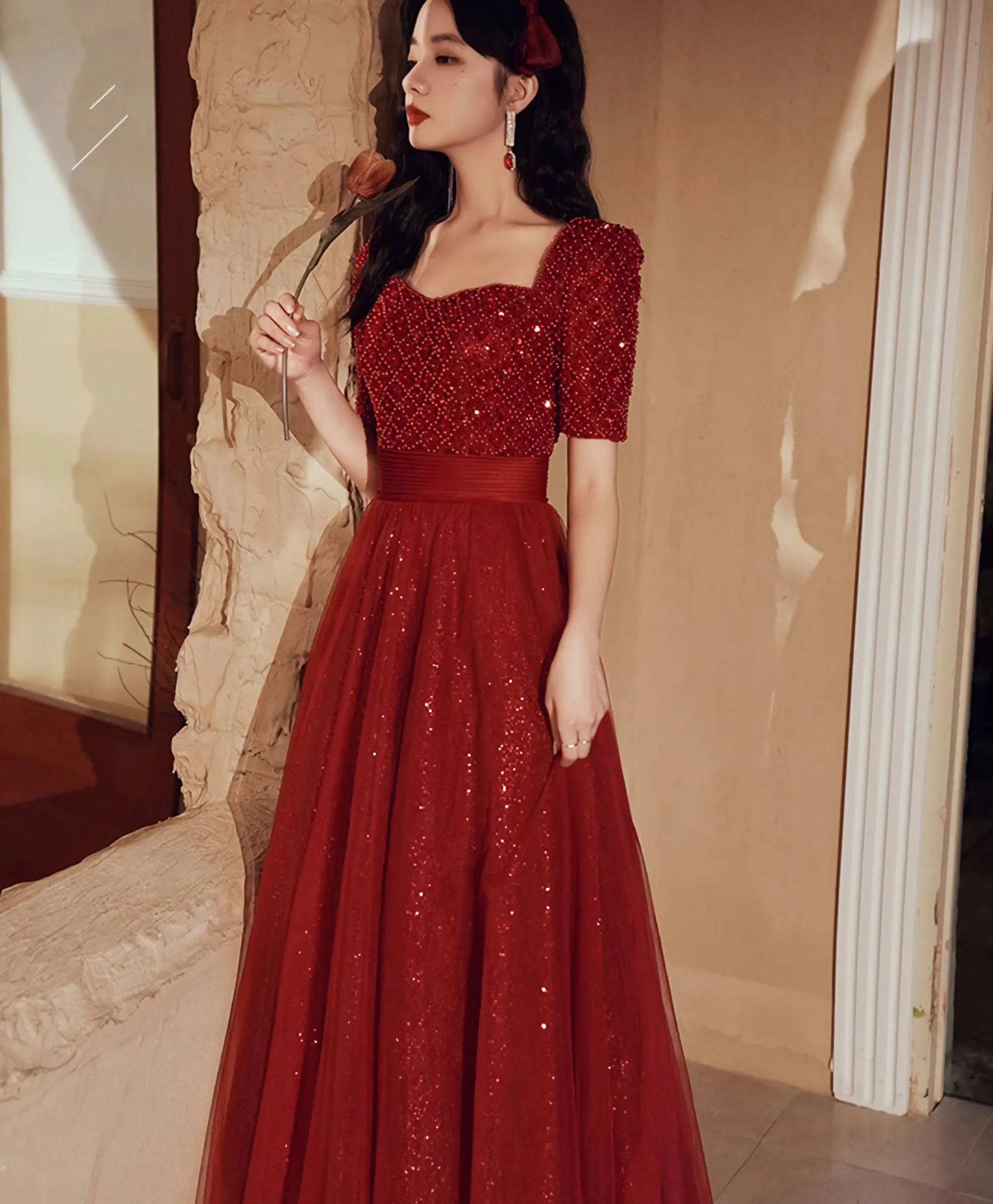 Burgundy Tulle Beds Long Prom Dress Burgundy Tulle Formal Dress