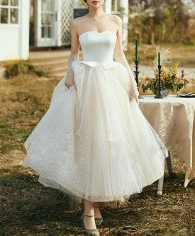 Champagne Tulle Retro Short Dress Tulle Tea Length Prom Dress
