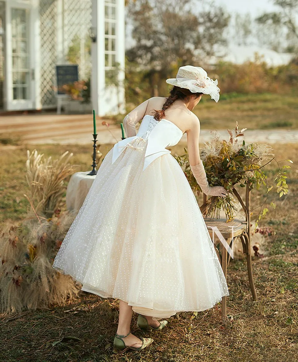Champagne Tulle Retro Short Dress Tulle Tea Length Prom Dress
