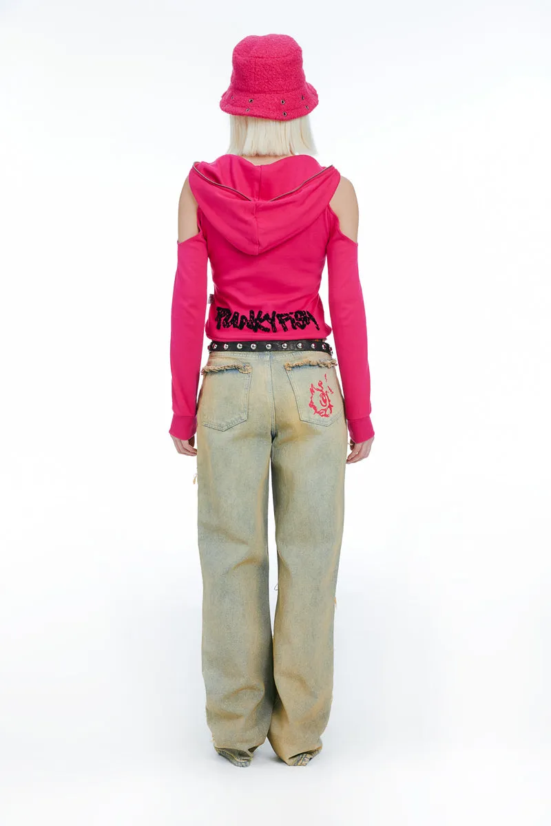 Cold Shoulder Hooded Sweatshirt Fuchsia