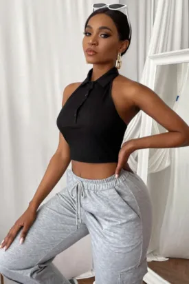 Collared Half Placket Halter Top
