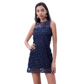 D106 Women 3D flower embroidered tulle sleeveless fitted day and party mini dress