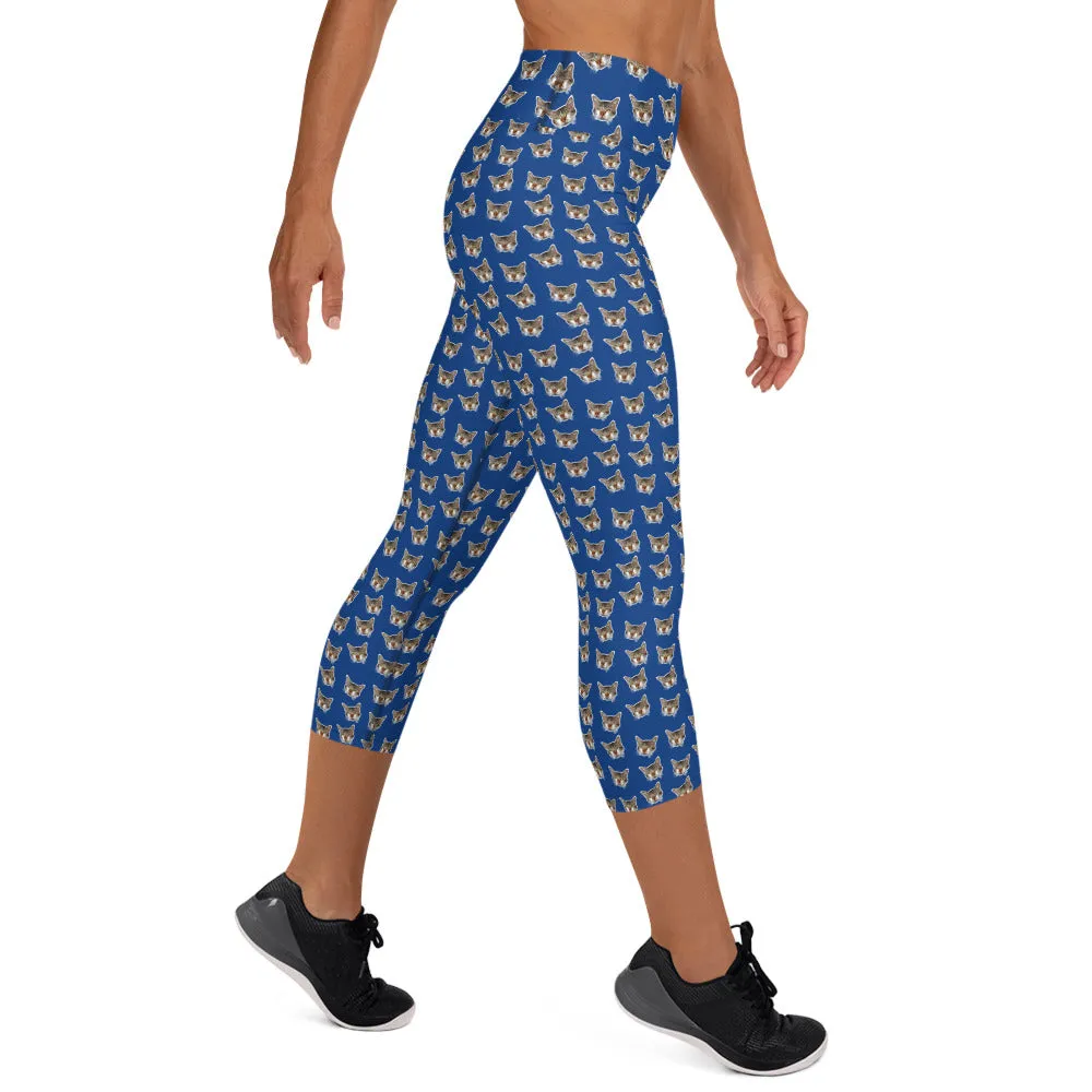 Dark Blue Cat Capri Leggings, Cute Cat Print Women's Yoga Capri Pants- Made in USA/EU