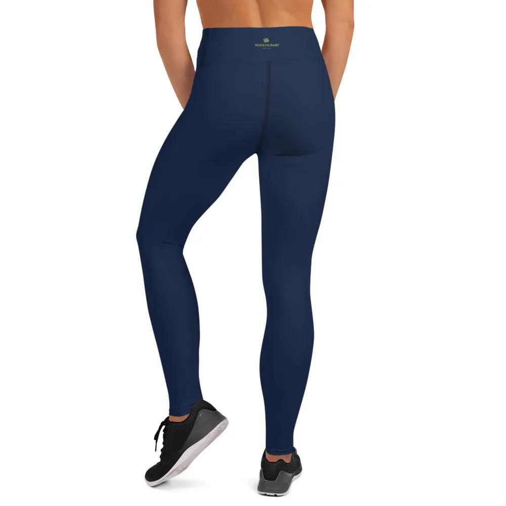 Dark Blue Women's Yoga Leggings, Premium Solid Color Gym Athletic Tights-Made in USA/EU/MX