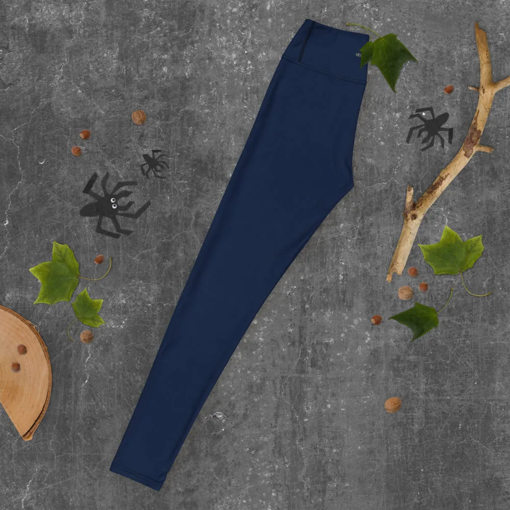 Dark Blue Women's Yoga Leggings, Premium Solid Color Gym Athletic Tights-Made in USA/EU/MX