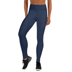 Dark Blue Women's Yoga Leggings, Premium Solid Color Gym Athletic Tights-Made in USA/EU/MX