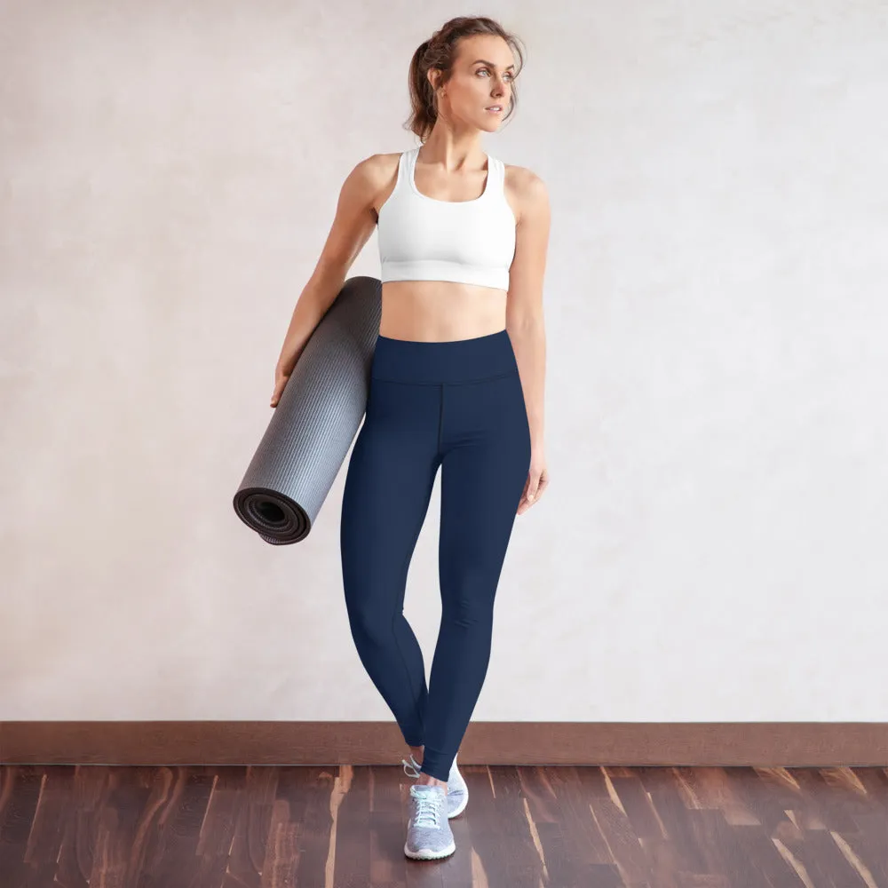 Dark Blue Women's Yoga Leggings, Premium Solid Color Gym Athletic Tights-Made in USA/EU/MX