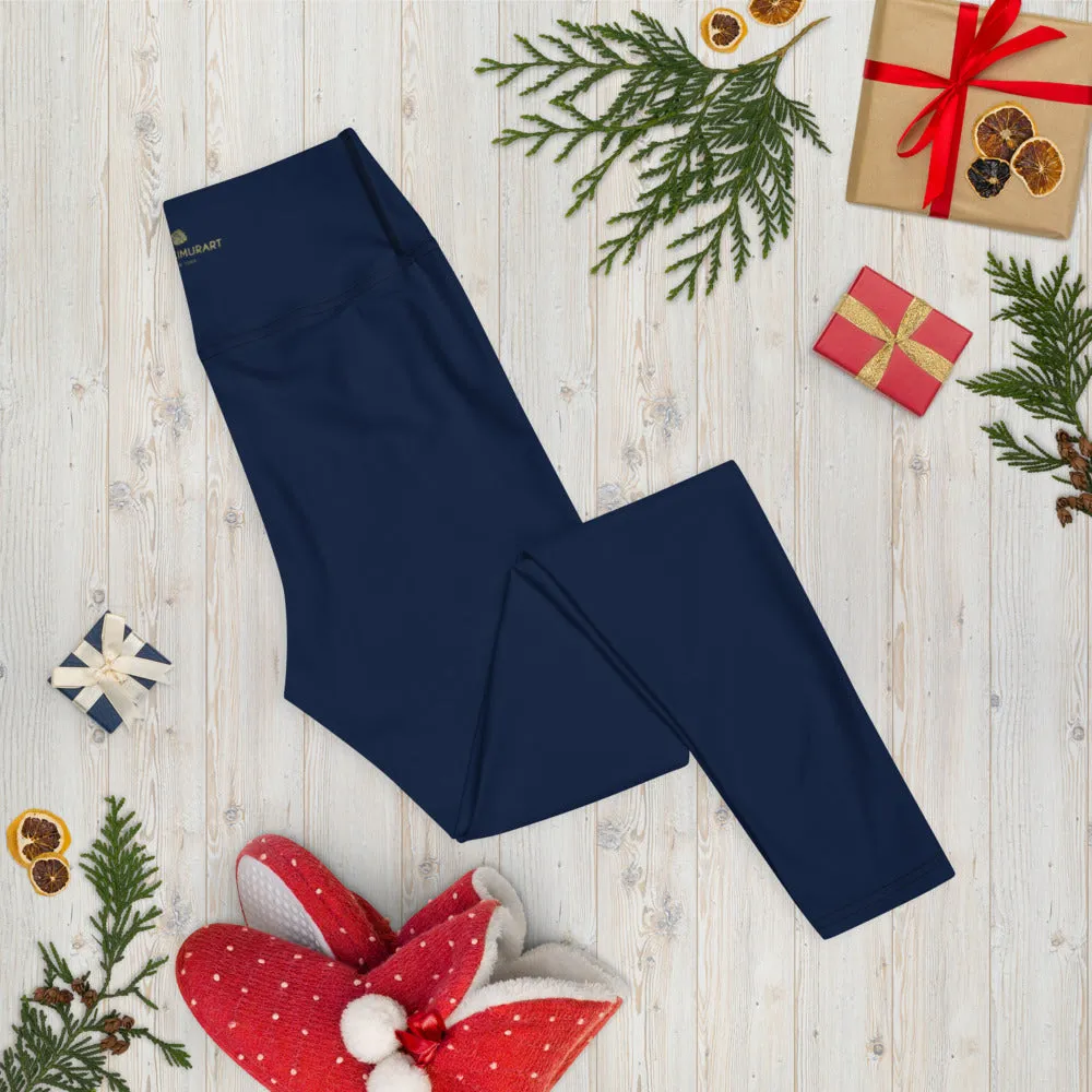 Dark Blue Women's Yoga Leggings, Premium Solid Color Gym Athletic Tights-Made in USA/EU/MX