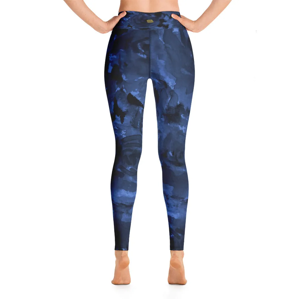 Deep Blue Rose Women's Leggings, Floral Print Long Gym Yoga Pants-Made in USA/EU