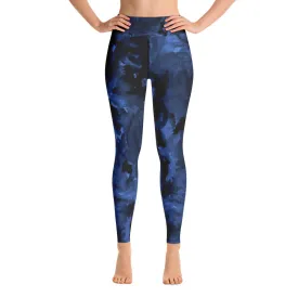 Deep Blue Rose Women's Leggings, Floral Print Long Gym Yoga Pants-Made in USA/EU