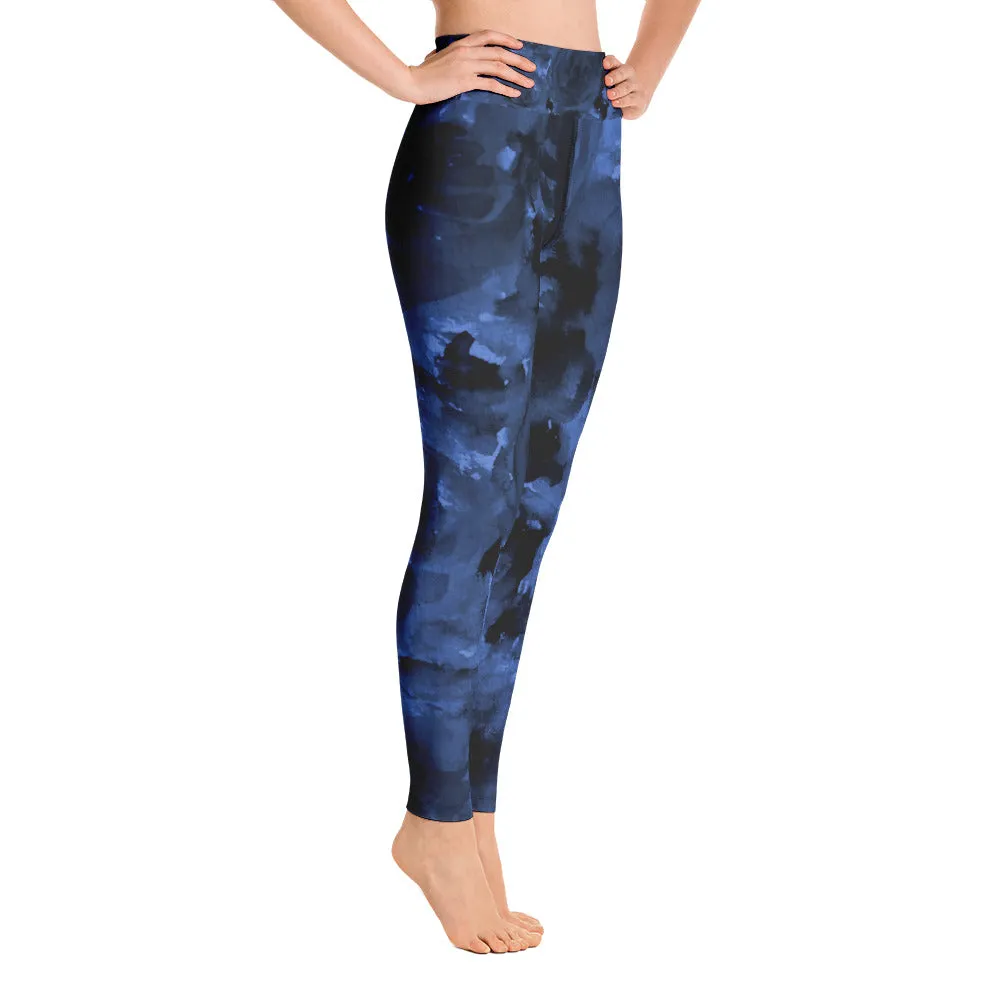 Deep Blue Rose Women's Leggings, Floral Print Long Gym Yoga Pants-Made in USA/EU