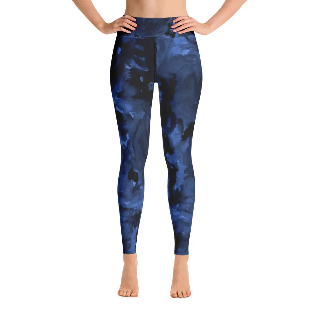 Deep Blue Rose Women's Leggings, Floral Print Long Gym Yoga Pants-Made in USA/EU