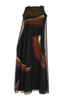 Early 1970s Lilli Diamond Hand Painted Brushstroke & Flutter Cocktail Dress