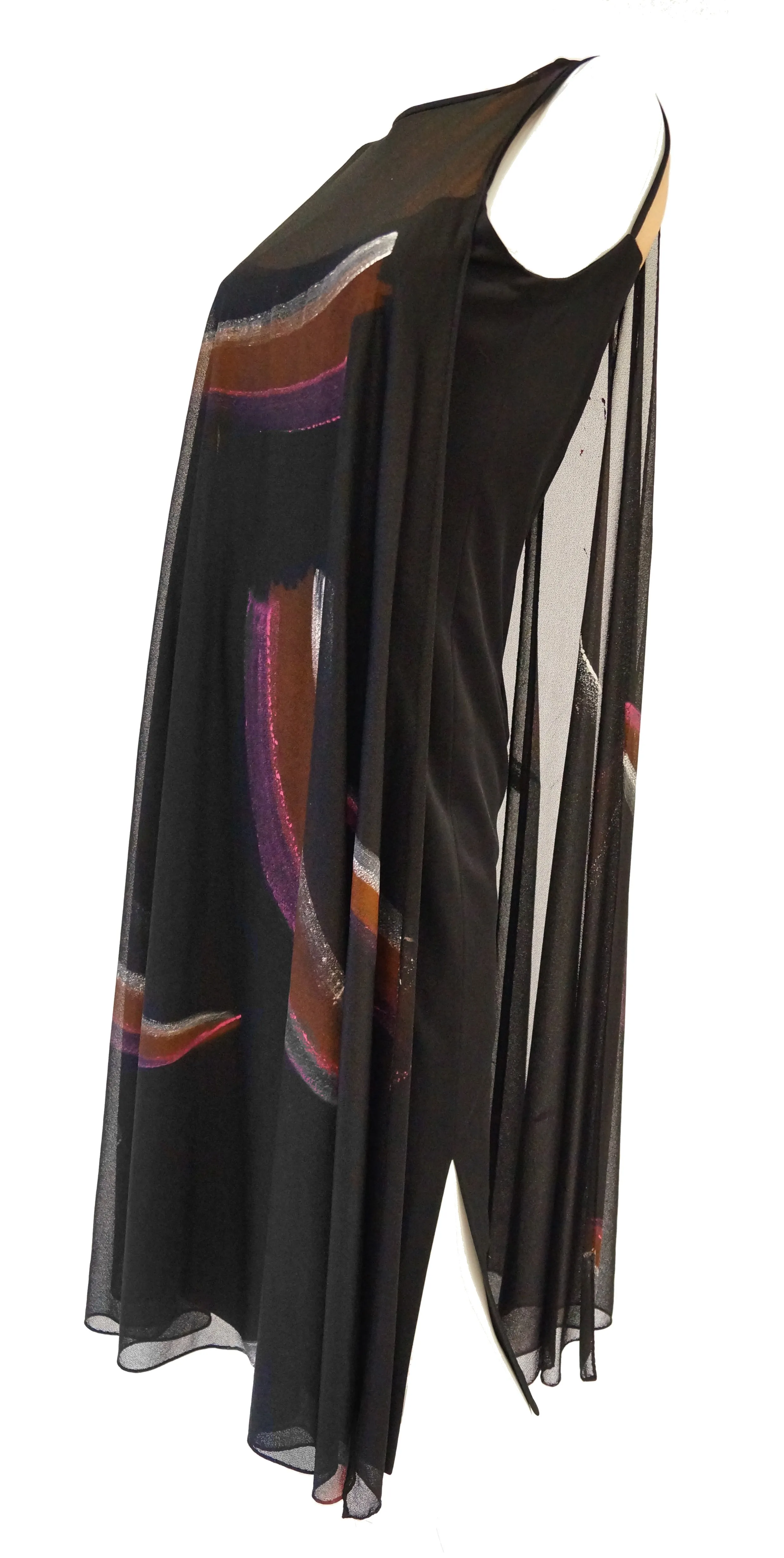 Early 1970s Lilli Diamond Hand Painted Brushstroke & Flutter Cocktail Dress