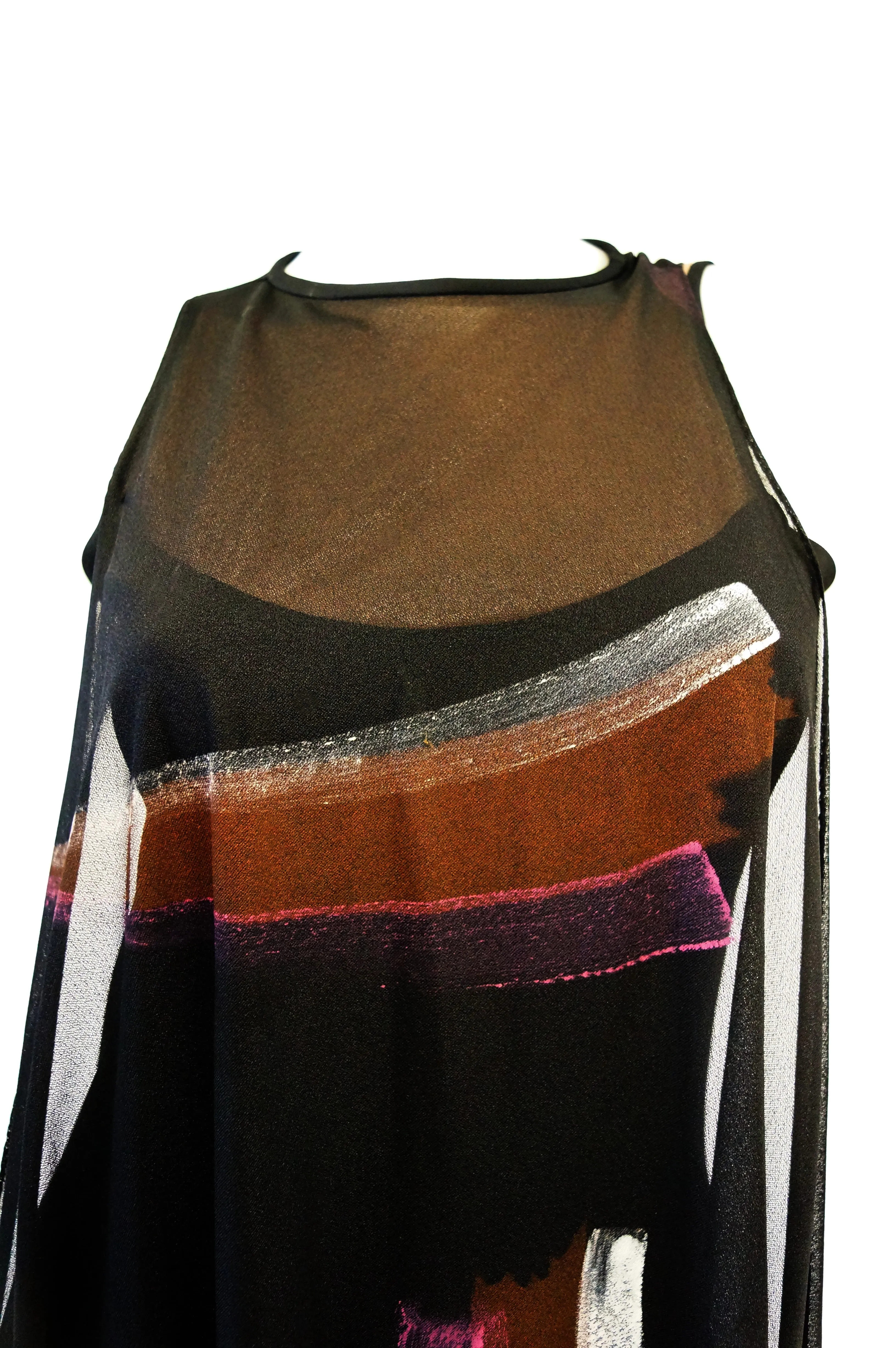 Early 1970s Lilli Diamond Hand Painted Brushstroke & Flutter Cocktail Dress
