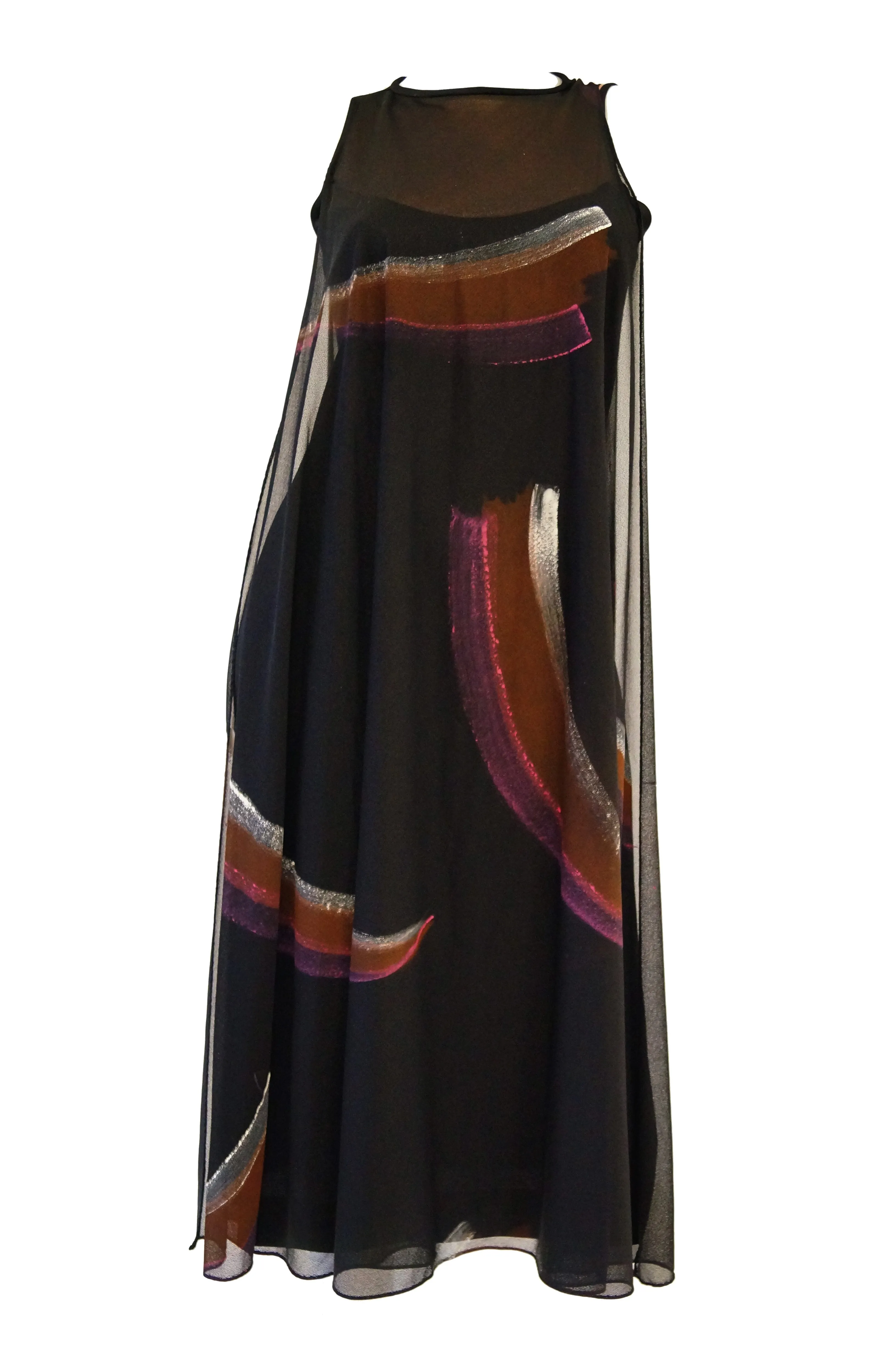 Early 1970s Lilli Diamond Hand Painted Brushstroke & Flutter Cocktail Dress