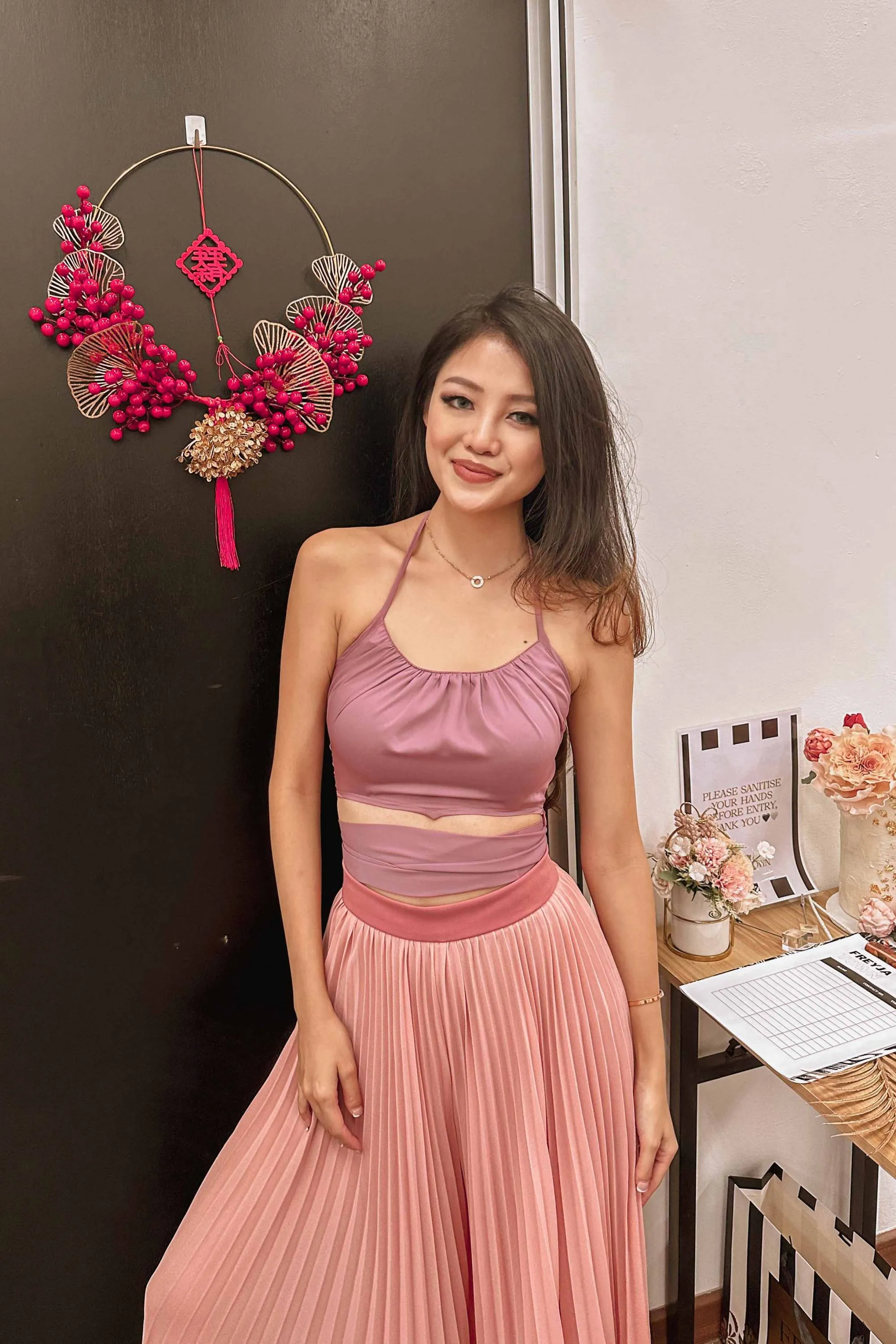 Euri Halter Tie Satin Top in Pink
