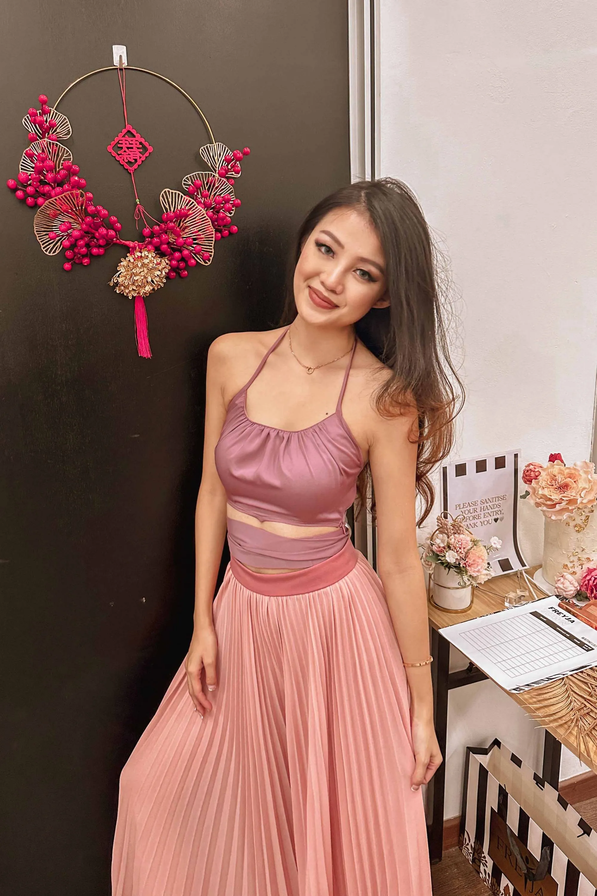 Euri Halter Tie Satin Top in Pink