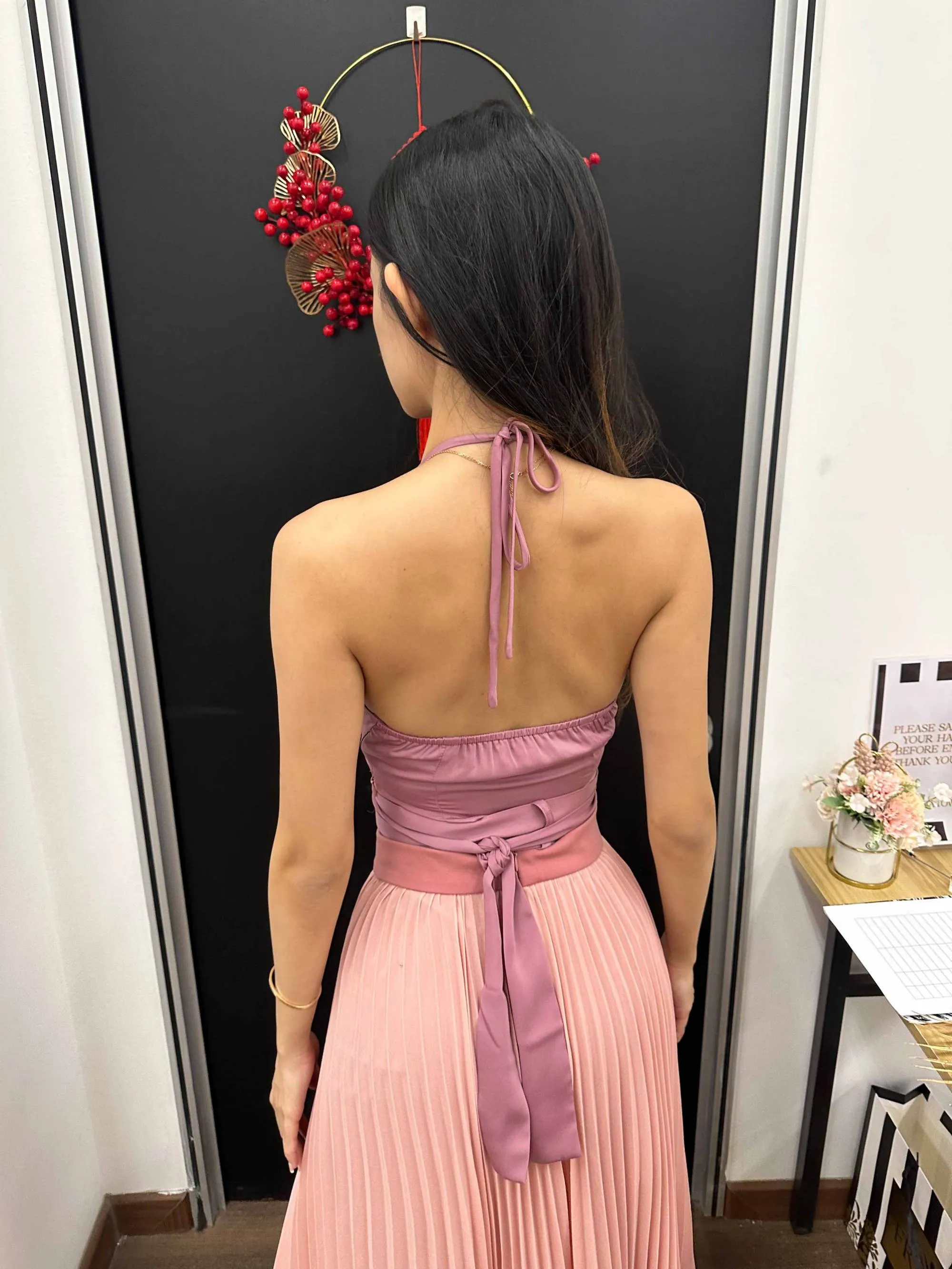 Euri Halter Tie Satin Top in Pink