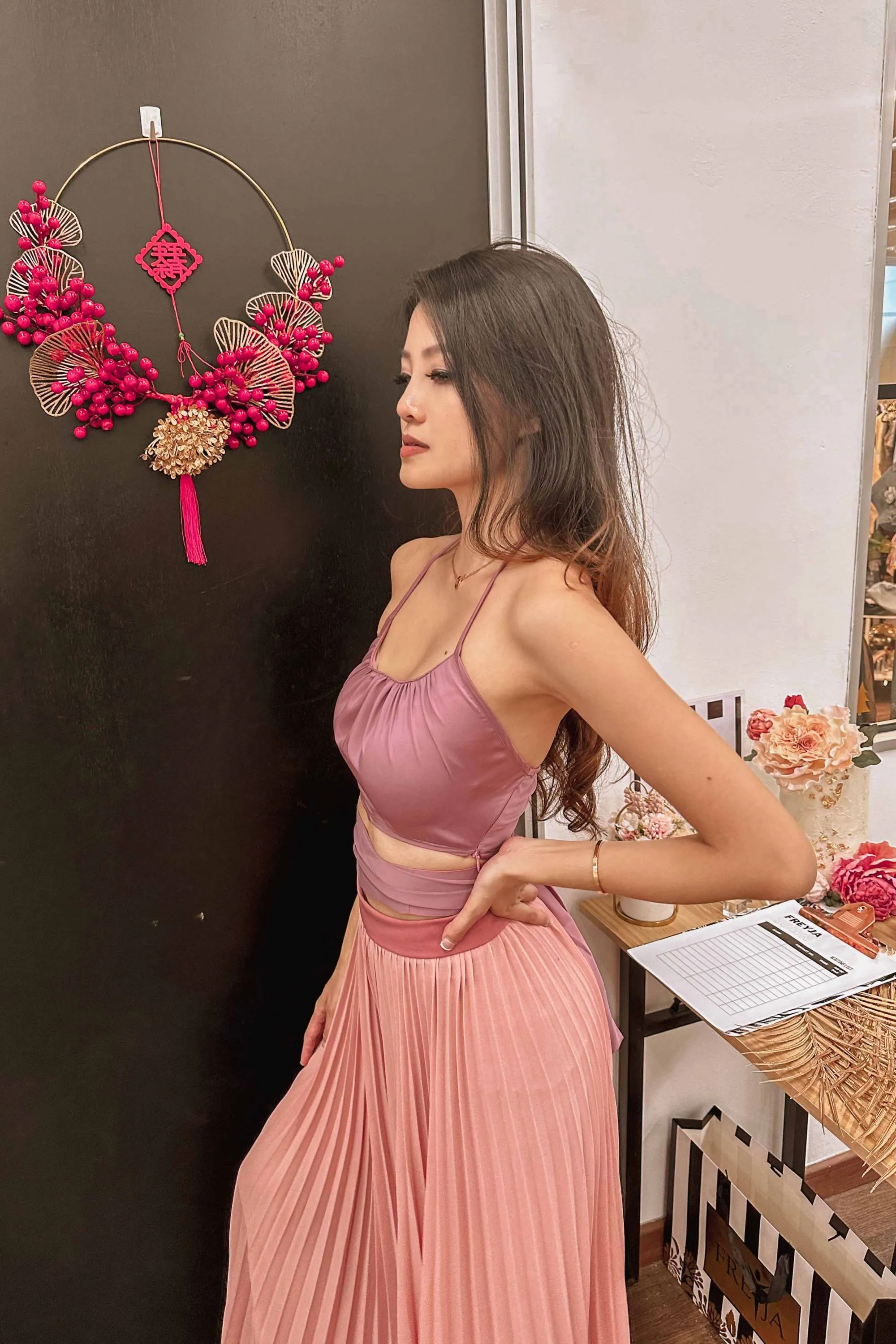 Euri Halter Tie Satin Top in Pink