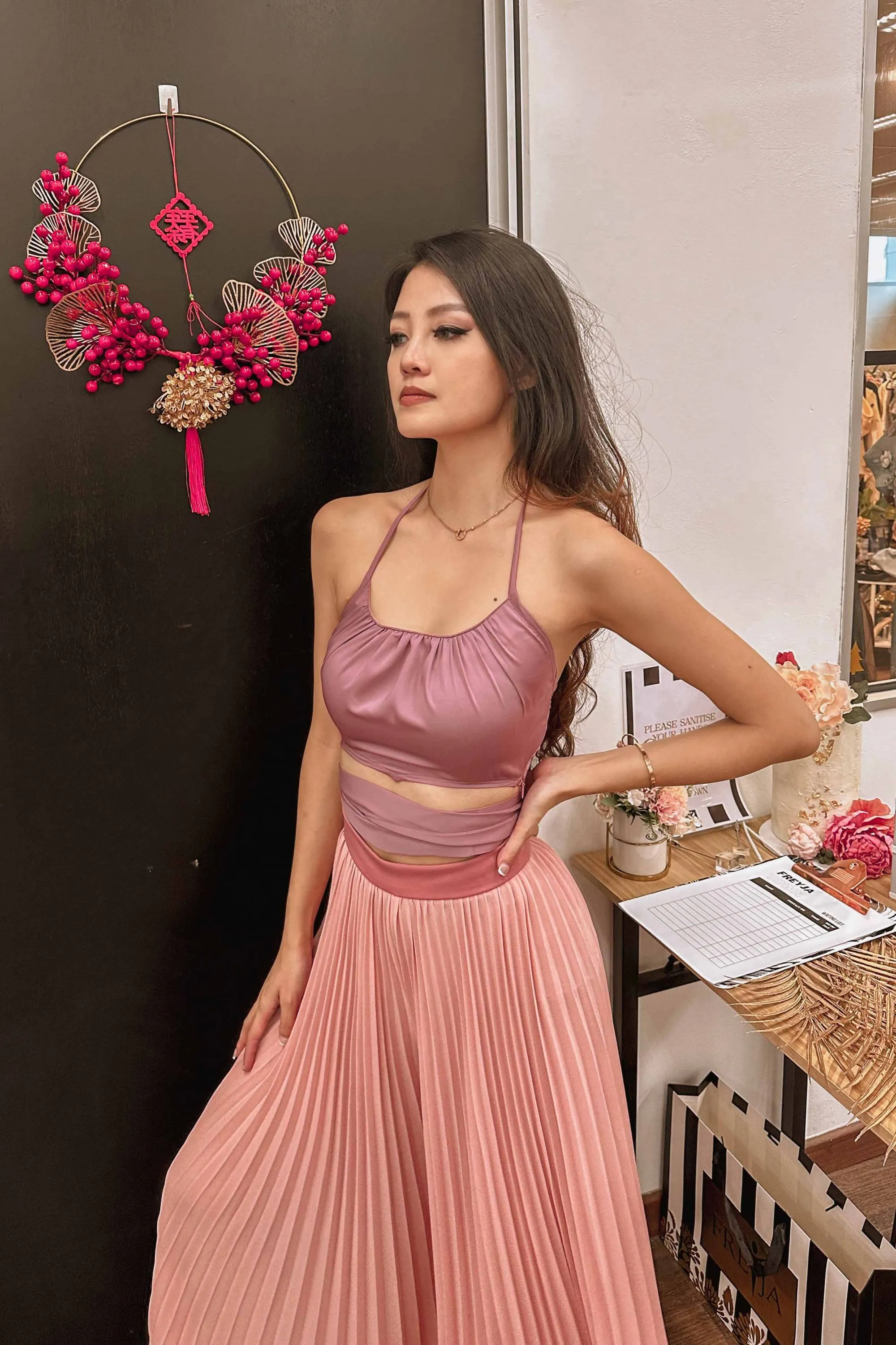 Euri Halter Tie Satin Top in Pink