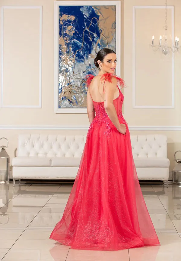 FLAIR PROM 24743 Fuchsia A-Line Tulle Dress with Slit