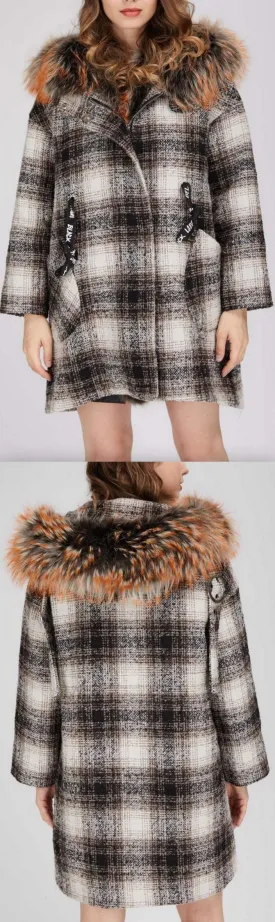 Fur-Trim Plaid Wool Coat, Natural