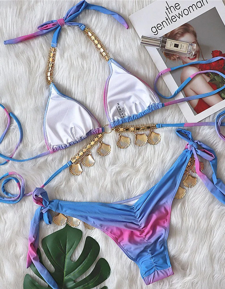 Gradient Print Two-piece Halter Backless Bikini Swimwear