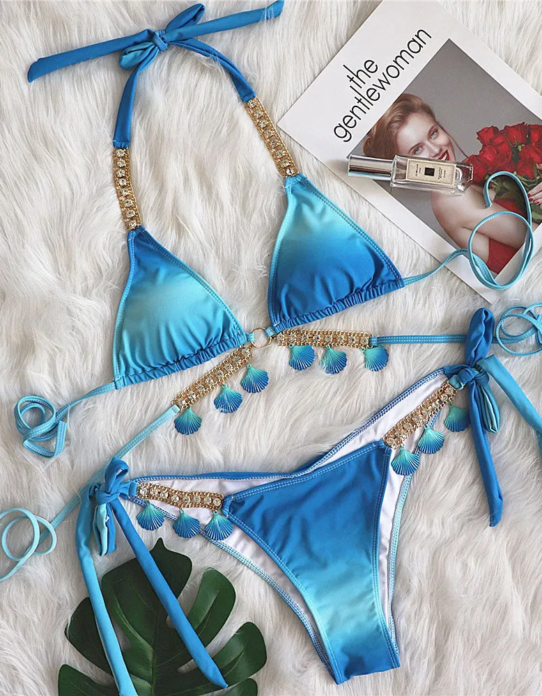 Gradient Print Two-piece Halter Backless Bikini Swimwear