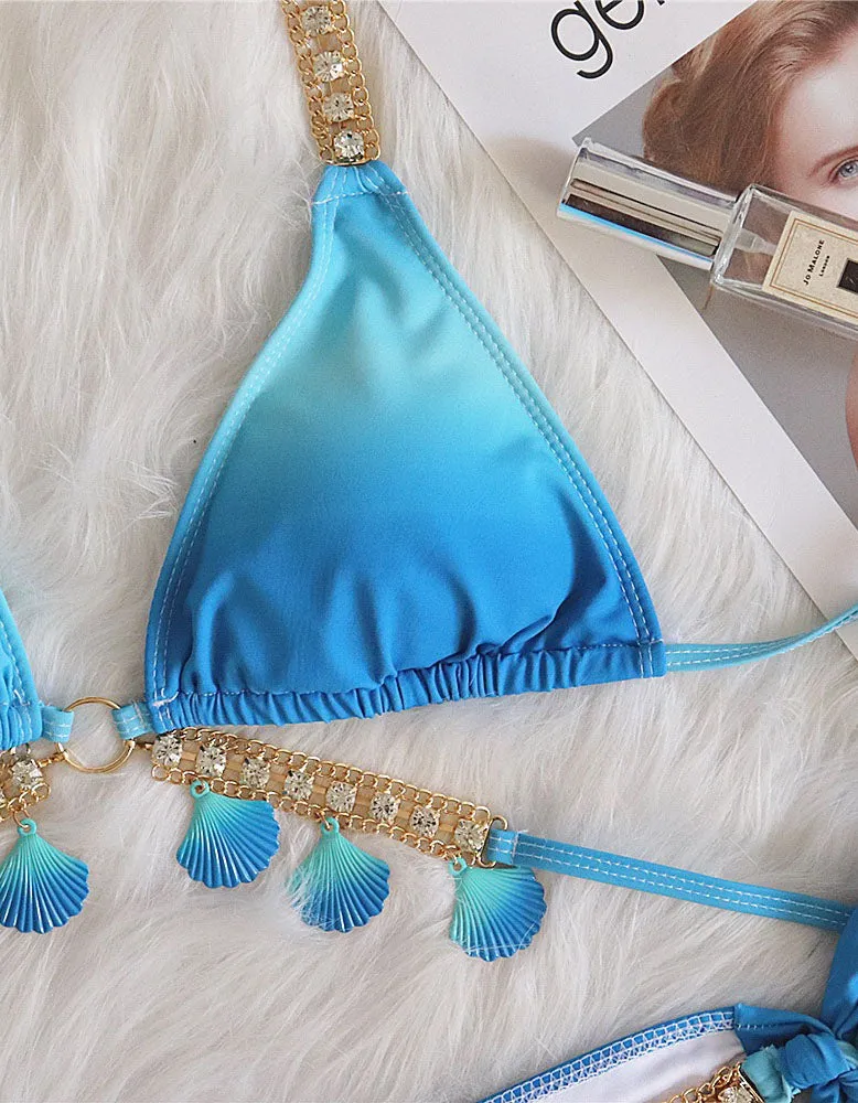 Gradient Print Two-piece Halter Backless Bikini Swimwear