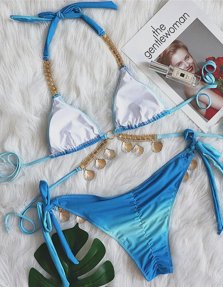 Gradient Print Two-piece Halter Backless Bikini Swimwear