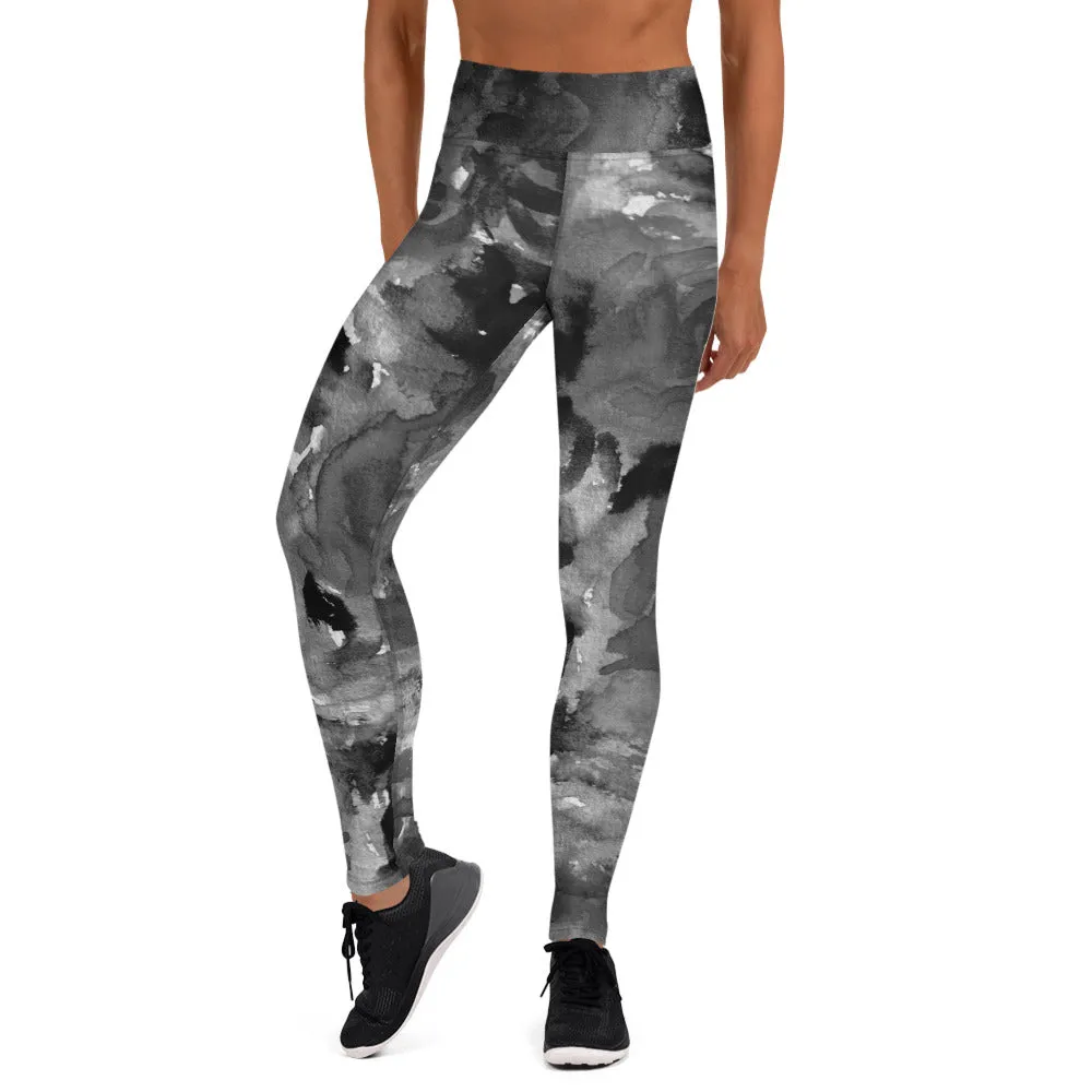 Grey Floral Abstract Yoga Leggings, Flower Print Long Designer Women's Tights-Made in USA/EU