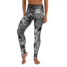 Grey Floral Abstract Yoga Leggings, Flower Print Long Designer Women's Tights-Made in USA/EU