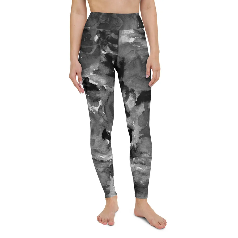 Grey Floral Abstract Yoga Leggings, Flower Print Long Designer Women's Tights-Made in USA/EU