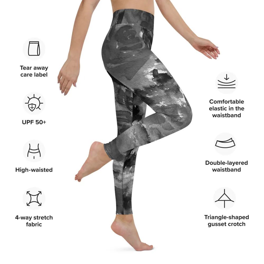 Grey Floral Abstract Yoga Leggings, Flower Print Long Designer Women's Tights-Made in USA/EU