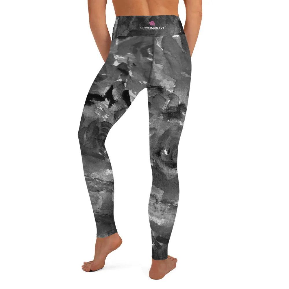 Grey Floral Abstract Yoga Leggings, Flower Print Long Designer Women's Tights-Made in USA/EU