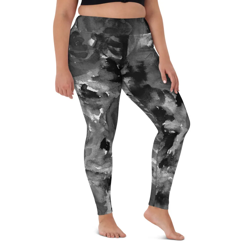Grey Floral Abstract Yoga Leggings, Flower Print Long Designer Women's Tights-Made in USA/EU