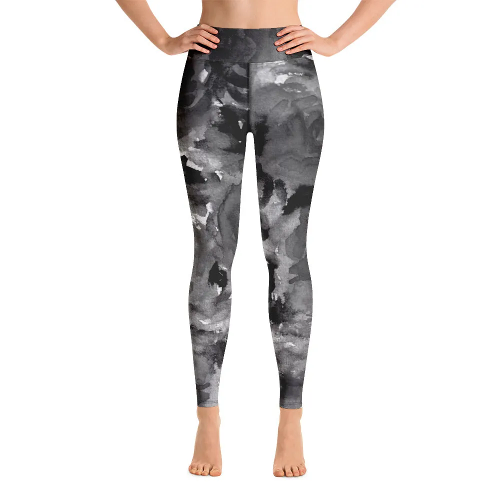 Grey Floral Abstract Yoga Leggings, Flower Print Long Designer Women's Tights-Made in USA/EU