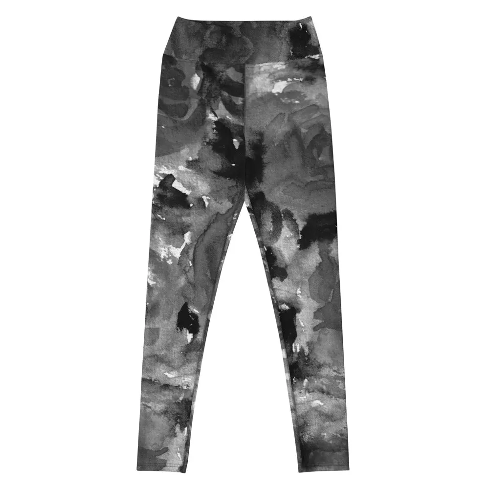 Grey Floral Abstract Yoga Leggings, Flower Print Long Designer Women's Tights-Made in USA/EU
