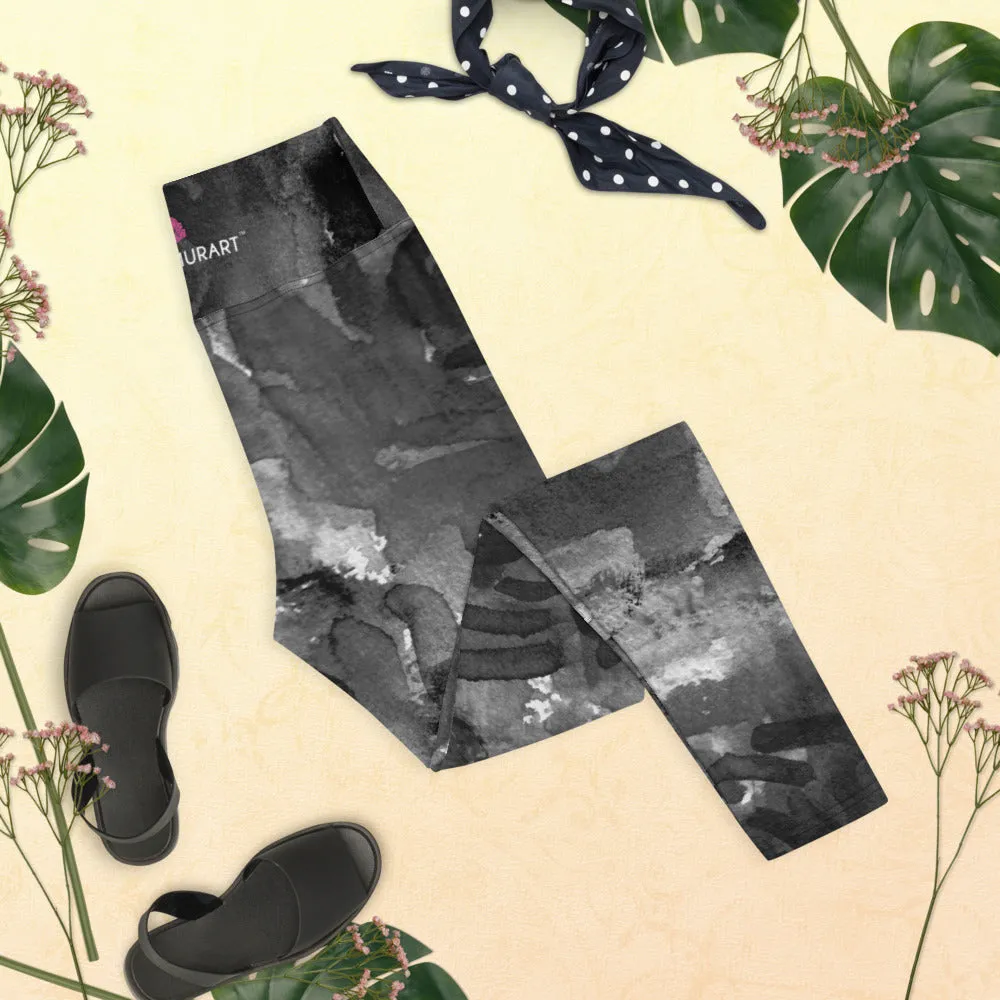 Grey Floral Abstract Yoga Leggings, Flower Print Long Designer Women's Tights-Made in USA/EU