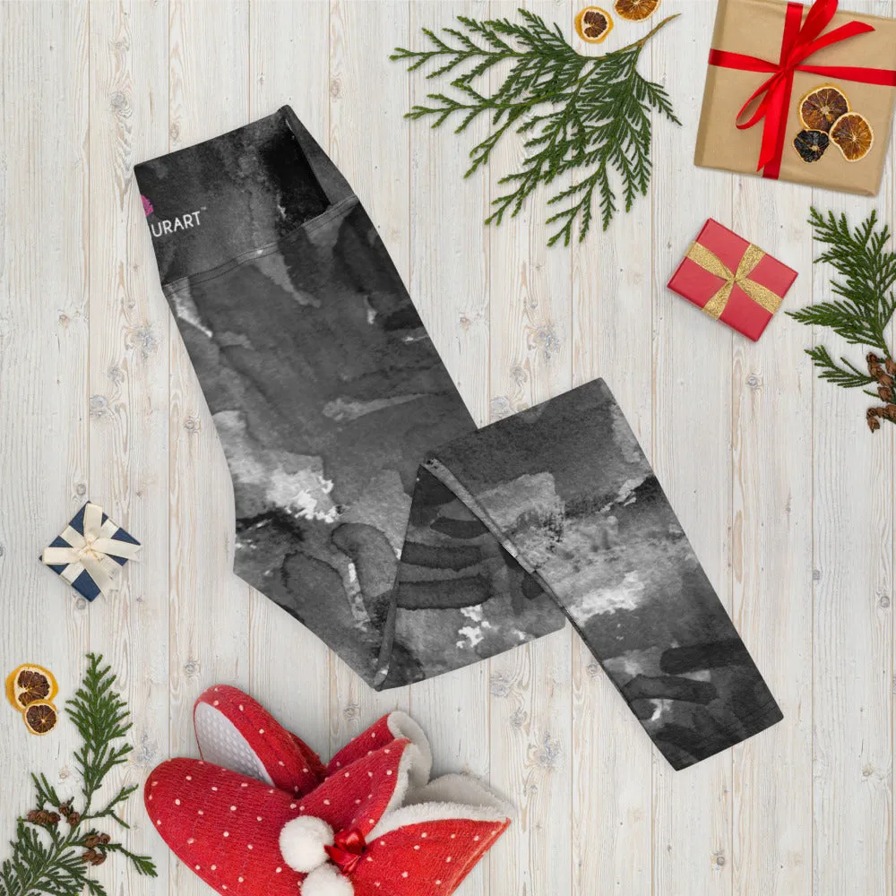 Grey Floral Abstract Yoga Leggings, Flower Print Long Designer Women's Tights-Made in USA/EU