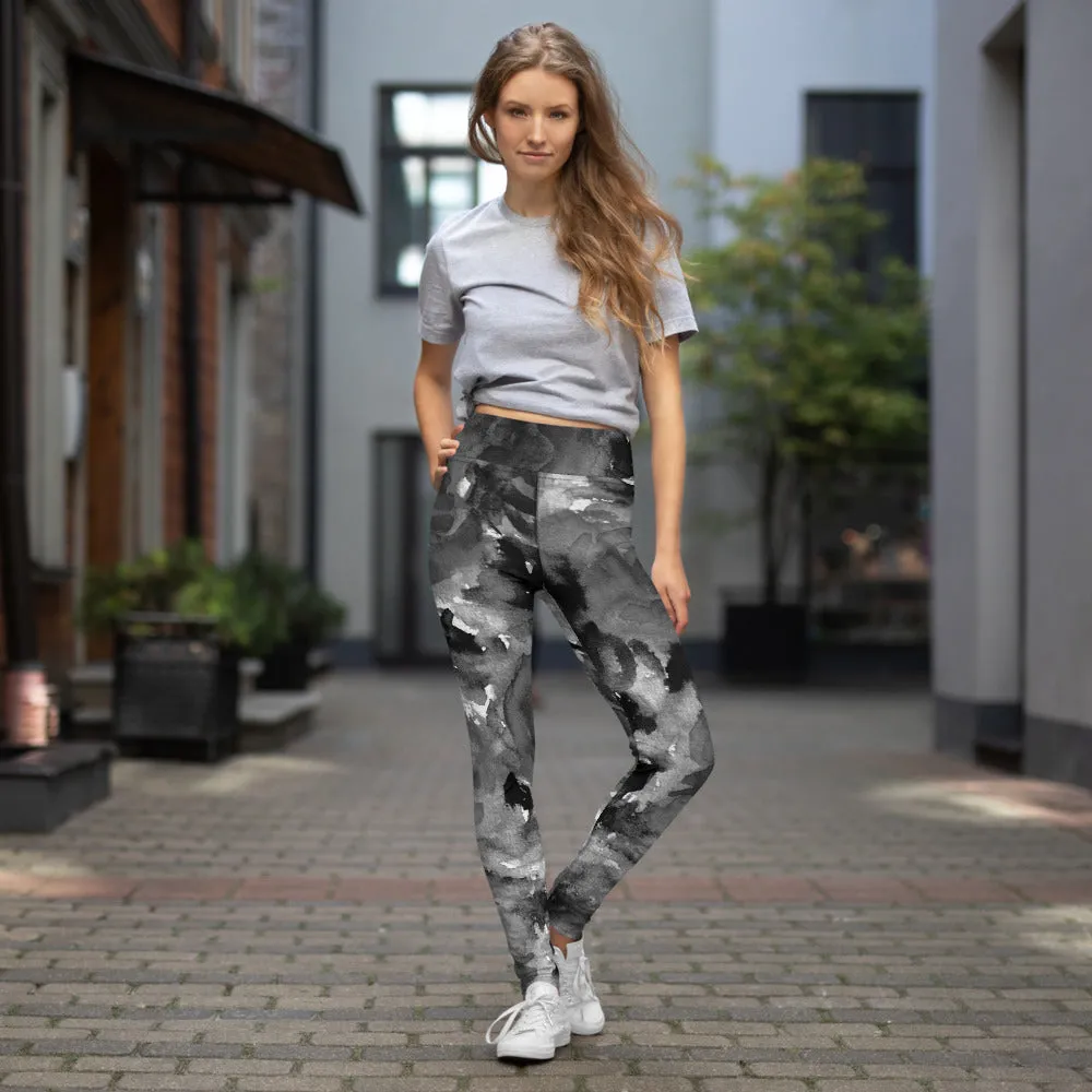 Grey Floral Abstract Yoga Leggings, Flower Print Long Designer Women's Tights-Made in USA/EU