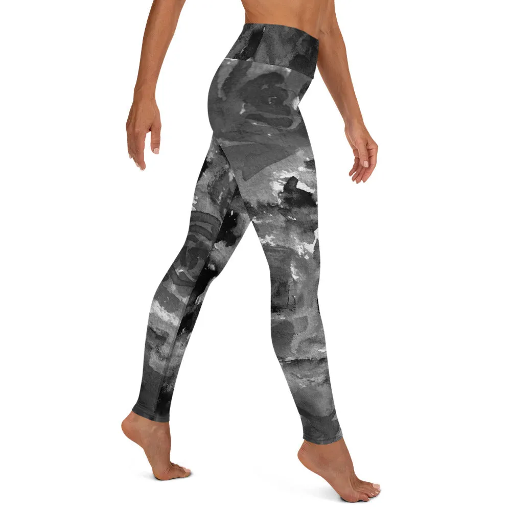 Grey Floral Abstract Yoga Leggings, Flower Print Long Designer Women's Tights-Made in USA/EU