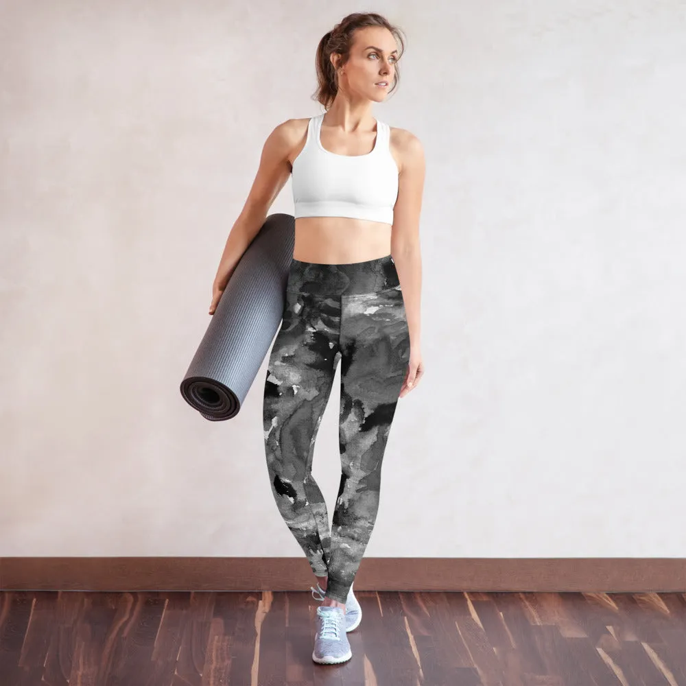 Grey Floral Abstract Yoga Leggings, Flower Print Long Designer Women's Tights-Made in USA/EU