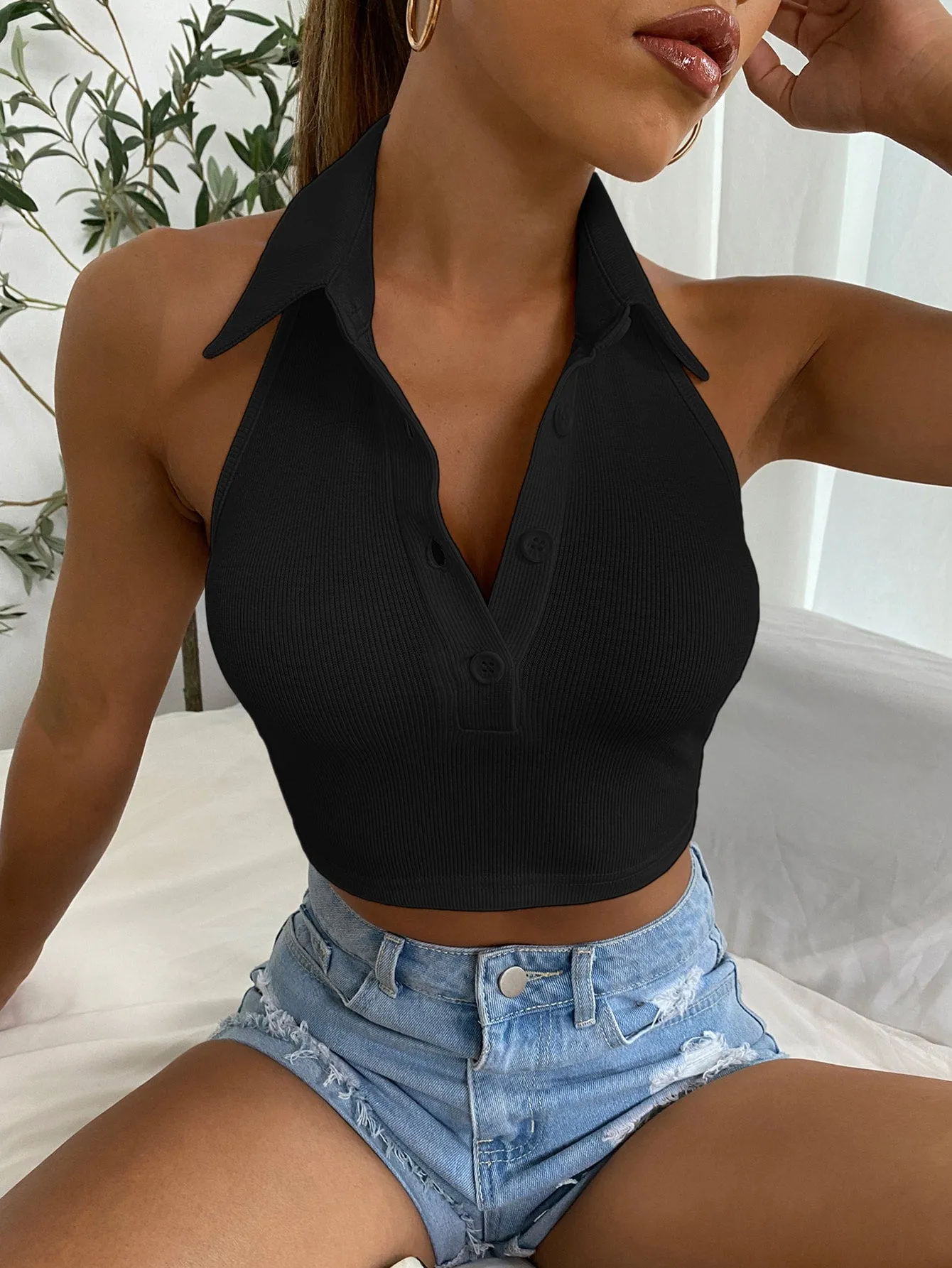 Half Button Halter Top