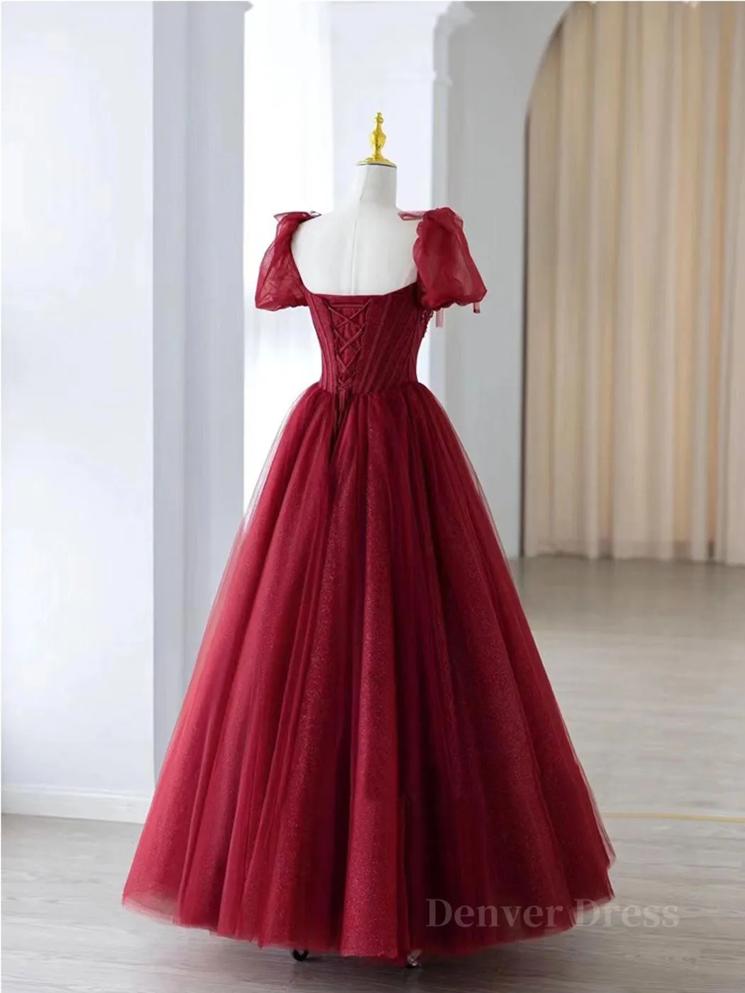 kamahe Burgundy A line tulle beads long prom dress burgundy formal dress