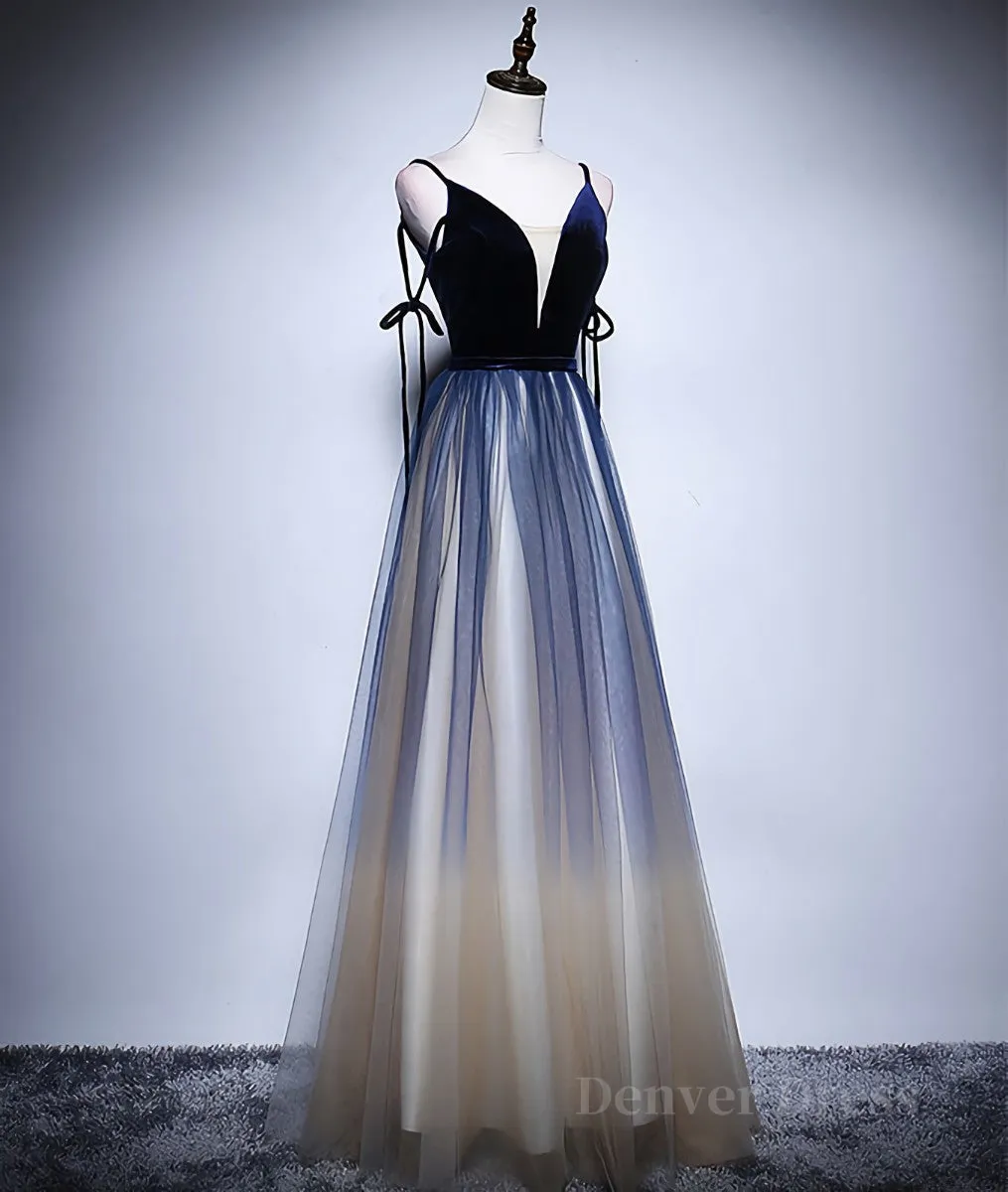 kamahe Dark blue tulle long prom dress, blue evening dress