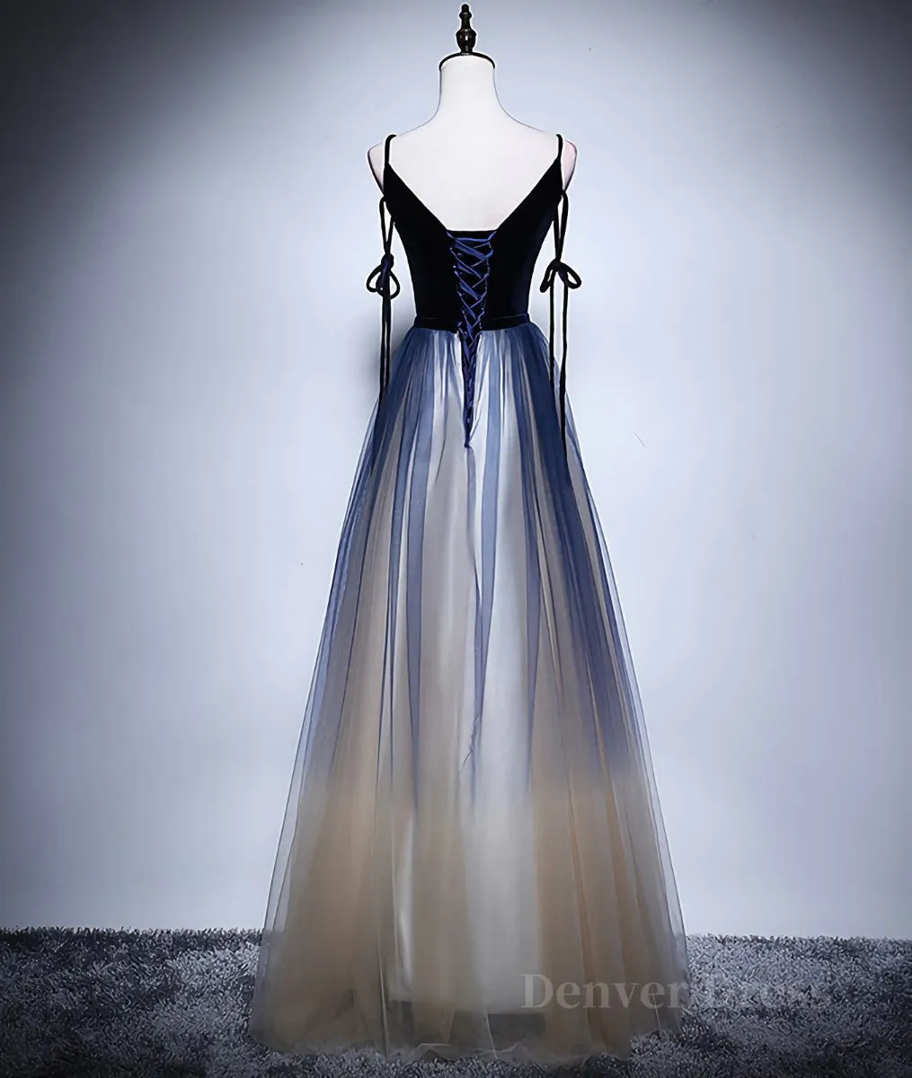 kamahe Dark blue tulle long prom dress, blue evening dress