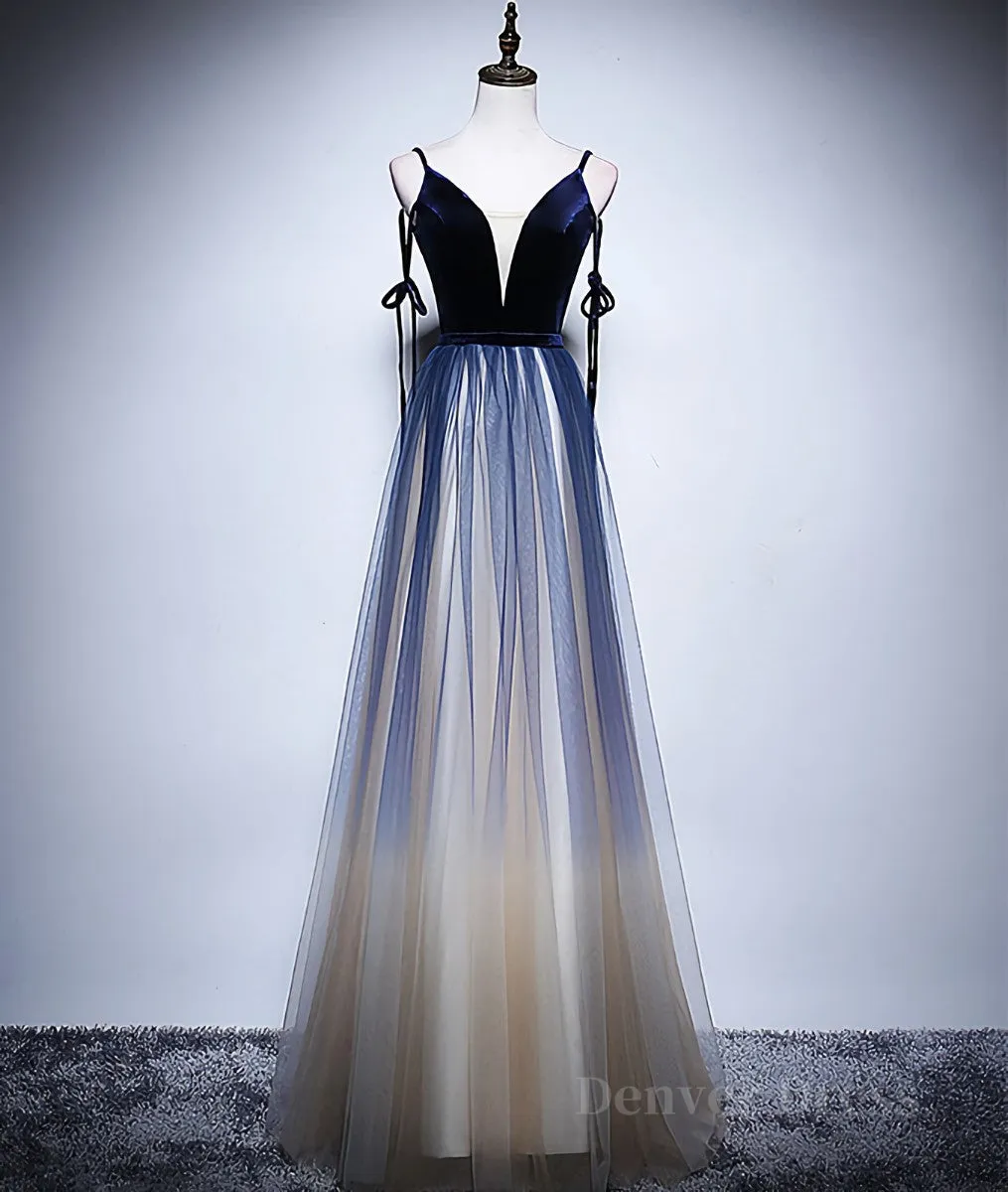 kamahe Dark blue tulle long prom dress, blue evening dress
