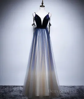 kamahe Dark blue tulle long prom dress, blue evening dress